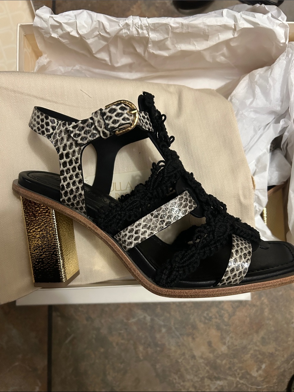 Ulla Johnson Piera High Heel - Raven- snakeskin/crochet size 40 NEW w BOX